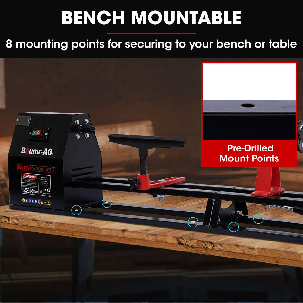370W 4-Speed Wood Lathe, 1000mm x 350mm, Adjustable Rest, Baumr-AG