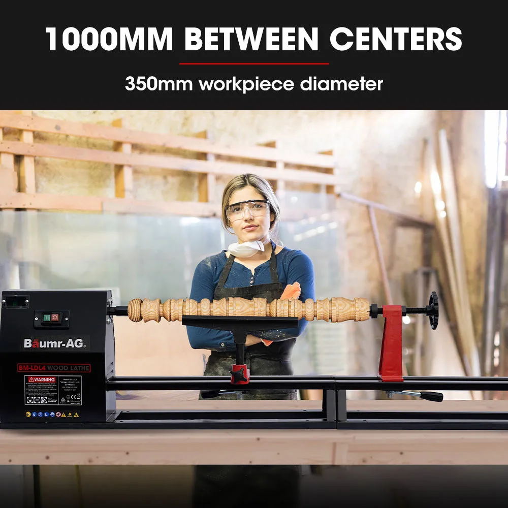 370W 4-Speed Wood Lathe, 1000mm x 350mm, Adjustable Rest, Baumr-AG