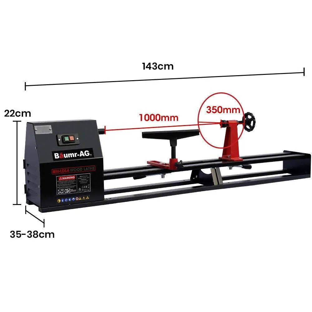 370W 4-Speed Wood Lathe, 1000mm x 350mm, Adjustable Rest, Baumr-AG