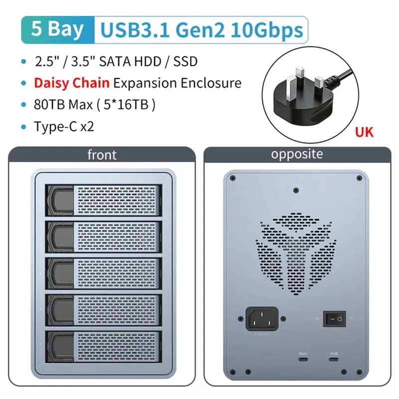 5 Bay 2.5"/3.5"Inch SATA HDD SSD External Case Type C Hard Drive Enclosure USB3.1 Gen2 270TB 10Gbps Data Storage Box