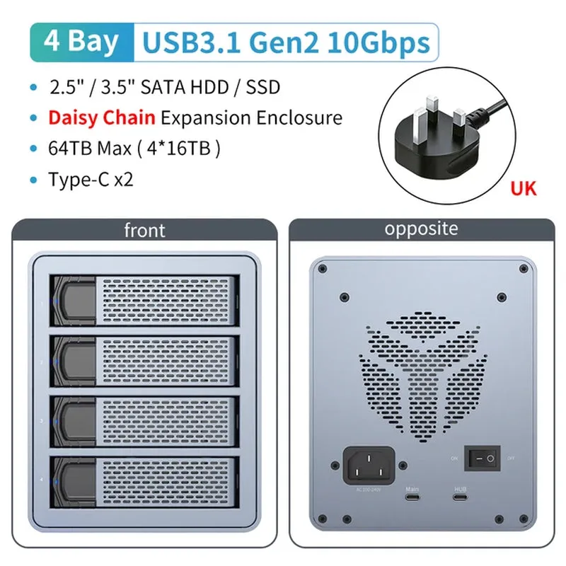 5 Bay 2.5"/3.5"Inch SATA HDD SSD External Case Type C Hard Drive Enclosure USB3.1 Gen2 270TB 10Gbps Data Storage Box