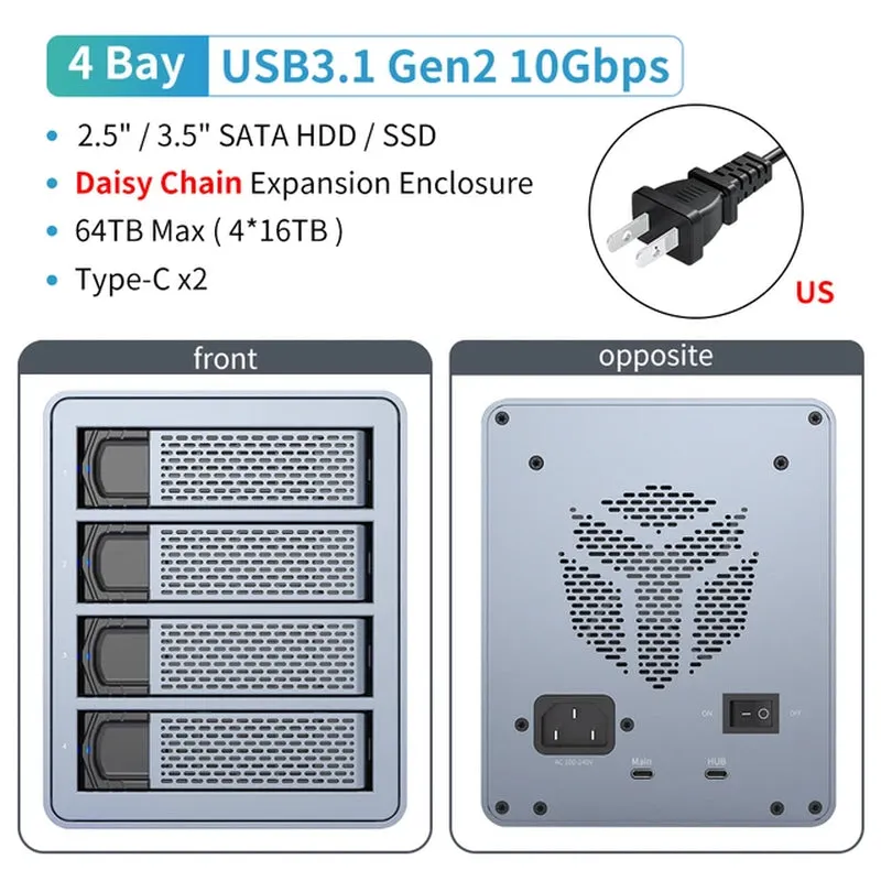 5 Bay 2.5"/3.5"Inch SATA HDD SSD External Case Type C Hard Drive Enclosure USB3.1 Gen2 270TB 10Gbps Data Storage Box