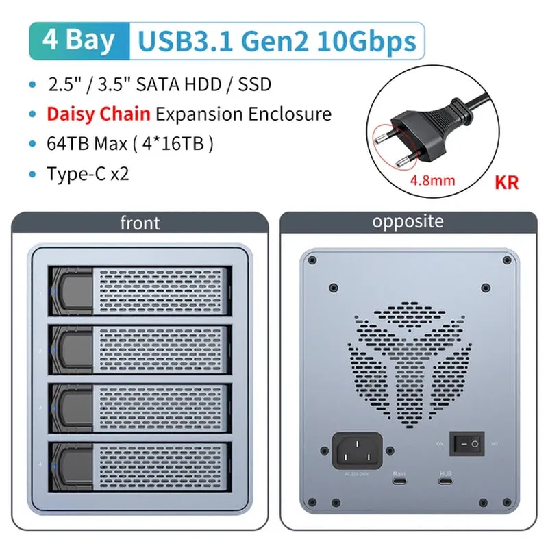 5 Bay 2.5"/3.5"Inch SATA HDD SSD External Case Type C Hard Drive Enclosure USB3.1 Gen2 270TB 10Gbps Data Storage Box