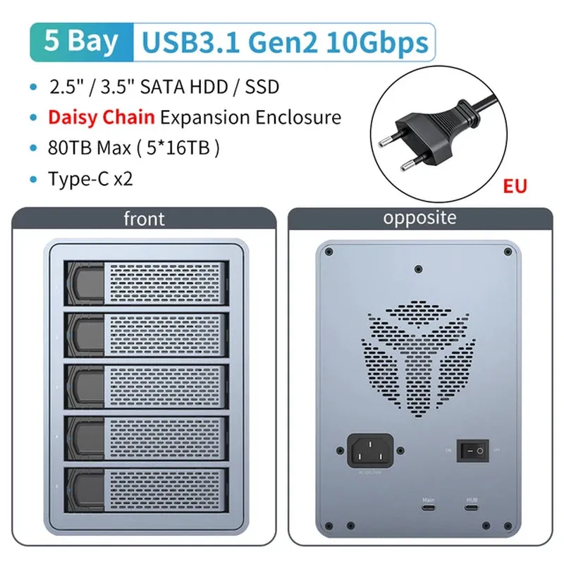 5 Bay 2.5"/3.5"Inch SATA HDD SSD External Case Type C Hard Drive Enclosure USB3.1 Gen2 270TB 10Gbps Data Storage Box