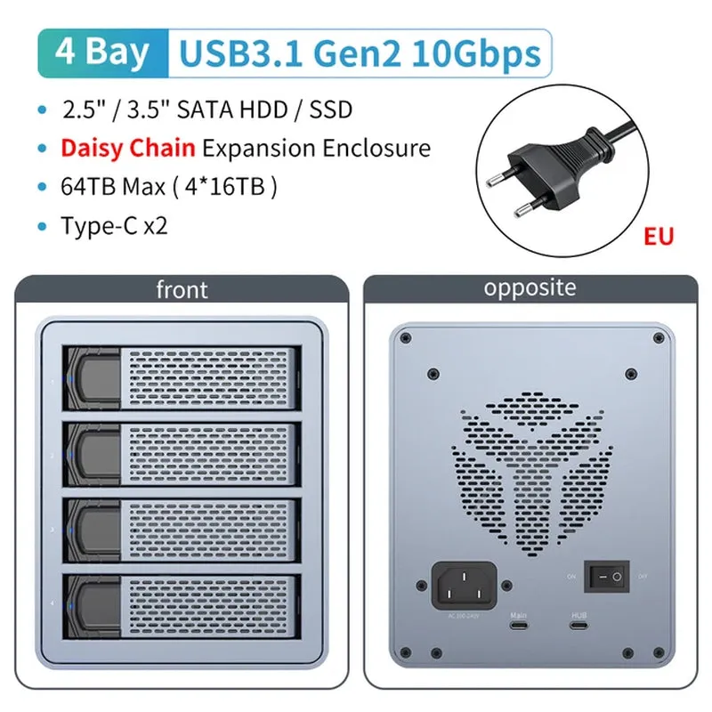 5 Bay 2.5"/3.5"Inch SATA HDD SSD External Case Type C Hard Drive Enclosure USB3.1 Gen2 270TB 10Gbps Data Storage Box