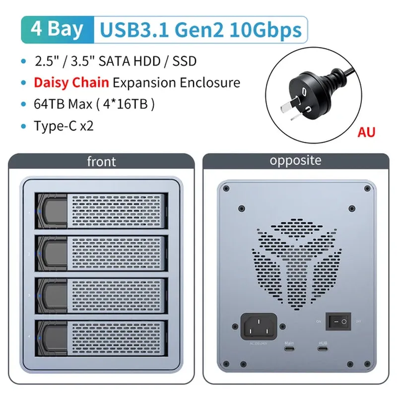 5 Bay 2.5"/3.5"Inch SATA HDD SSD External Case Type C Hard Drive Enclosure USB3.1 Gen2 270TB 10Gbps Data Storage Box
