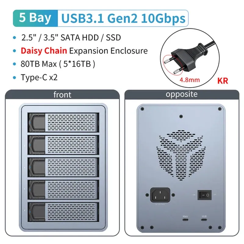 5 Bay 2.5"/3.5"Inch SATA HDD SSD External Case Type C Hard Drive Enclosure USB3.1 Gen2 270TB 10Gbps Data Storage Box