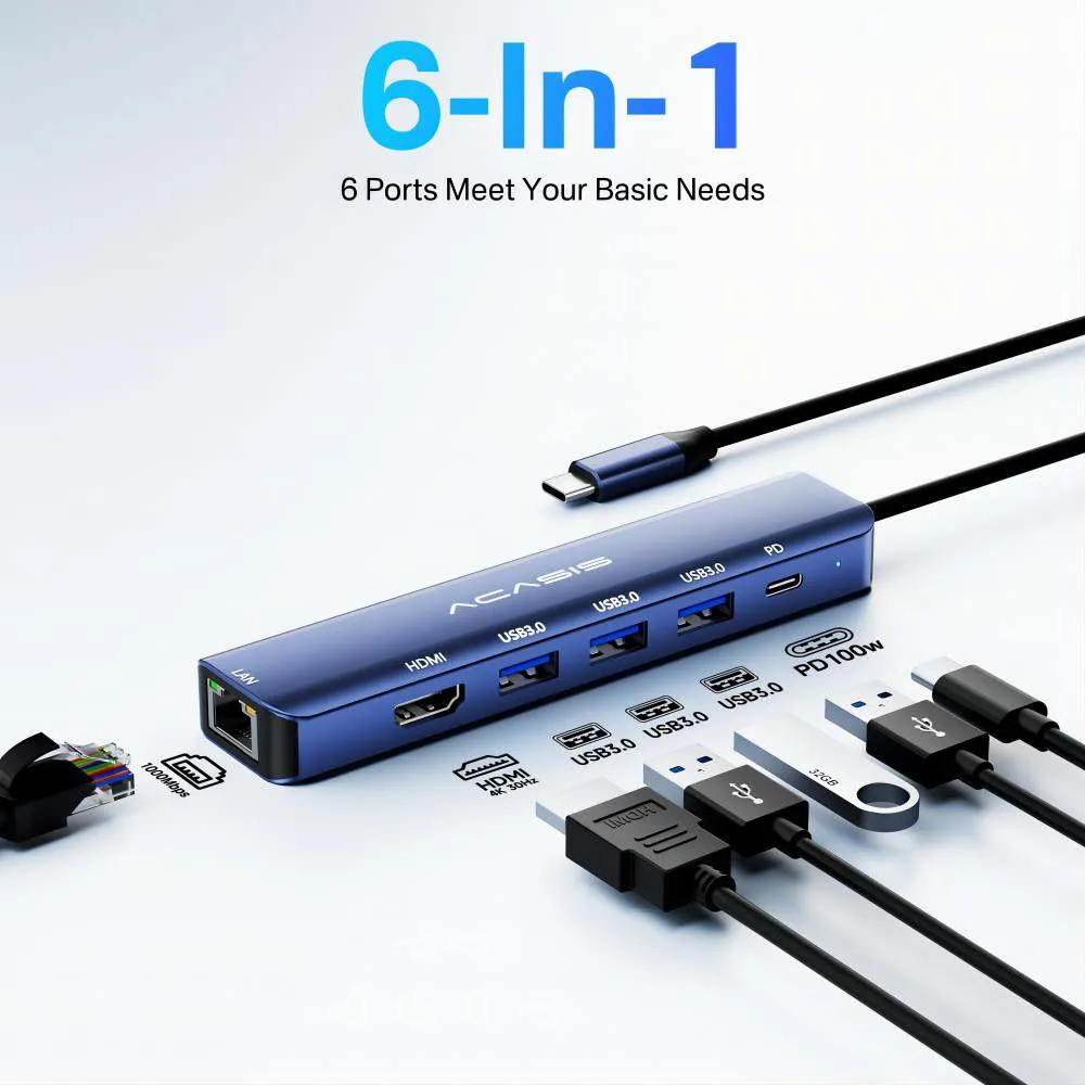 Acasis 6-in-1 Type-C 4K 60Hz Docking Station Multi Ports Converter