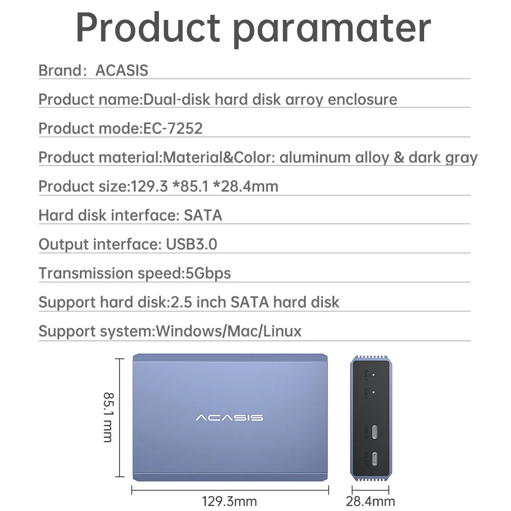 Acasis Dual Bay 2.5 Inch USB-C to SATA HDD SSD RAID Enclosure