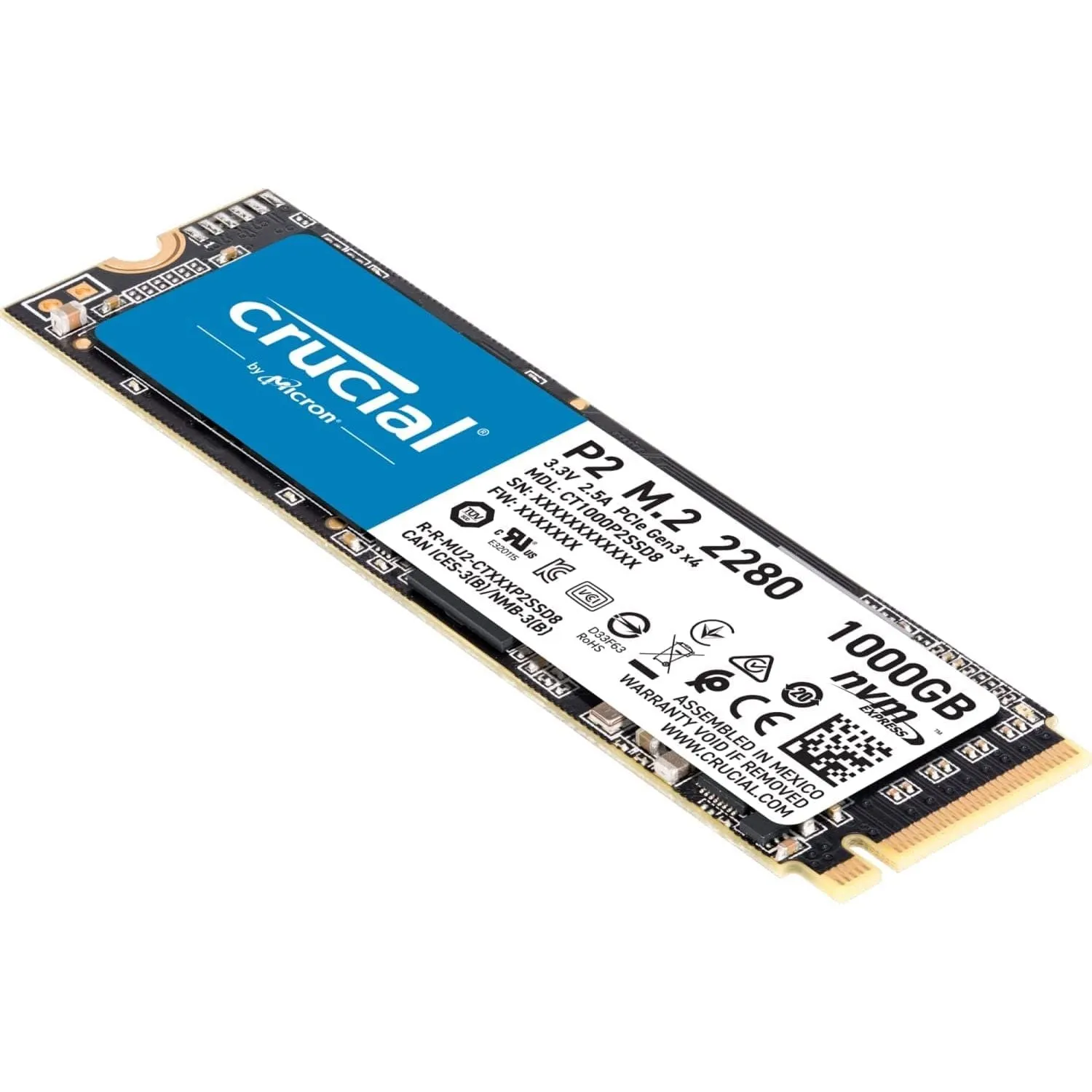 Crucial P2 CT1000P2SSD8 1 TB Internal SSD, Up to 2400 MB/s (3D NAND, NVMe, PCIe, M.2), Black