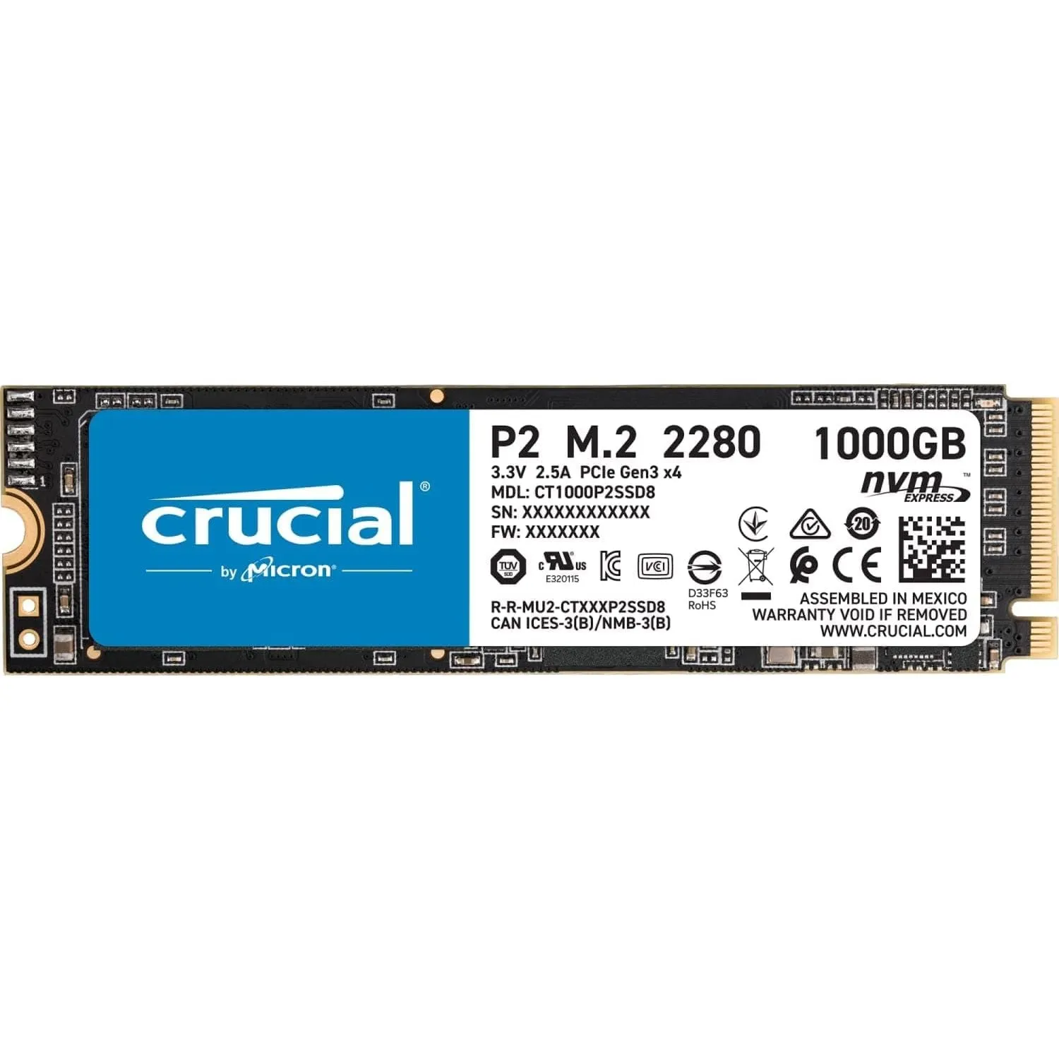 Crucial P2 CT1000P2SSD8 1 TB Internal SSD, Up to 2400 MB/s (3D NAND, NVMe, PCIe, M.2), Black
