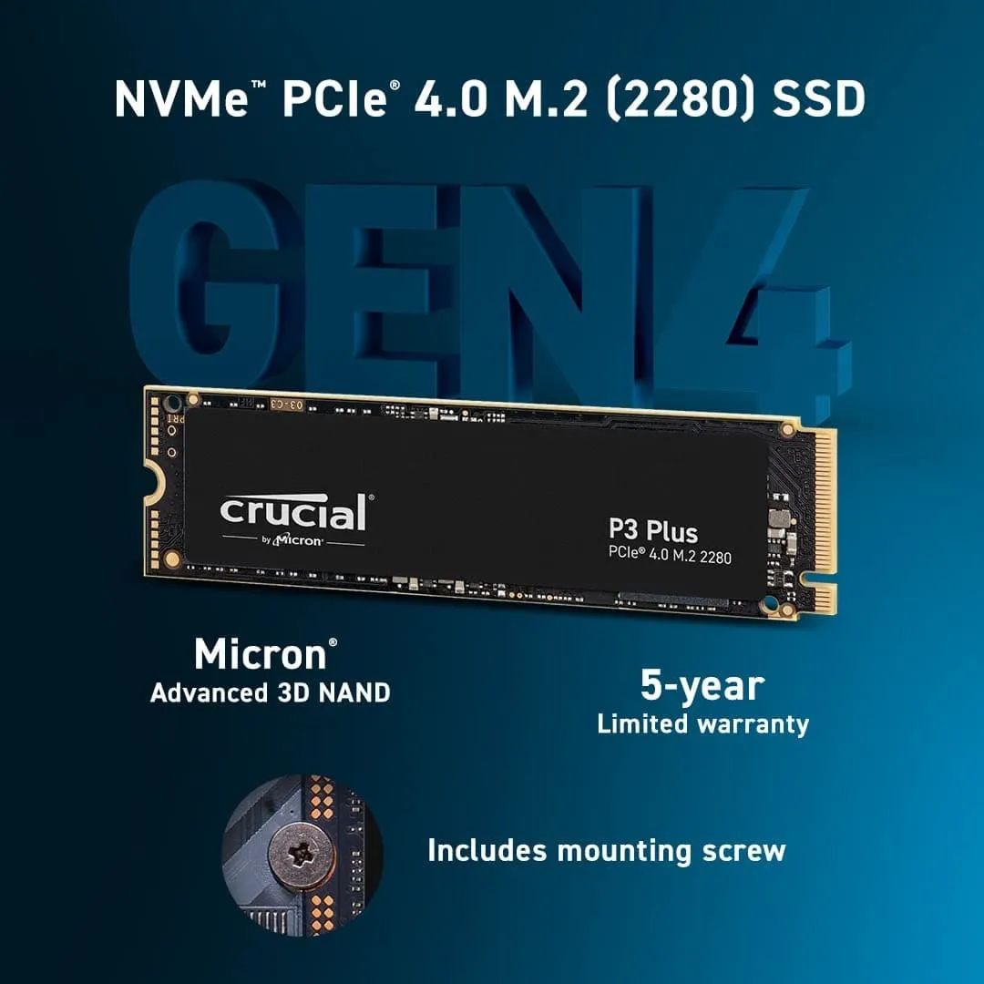 Crucial P3 Plus SSD 500GB M.2 NVMe PCIe Gen4 Internal SSD, Up to 4700MB/s, Laptop & Desktop (PC) Compatible, Solid State Drive - CT500P3PSSD8