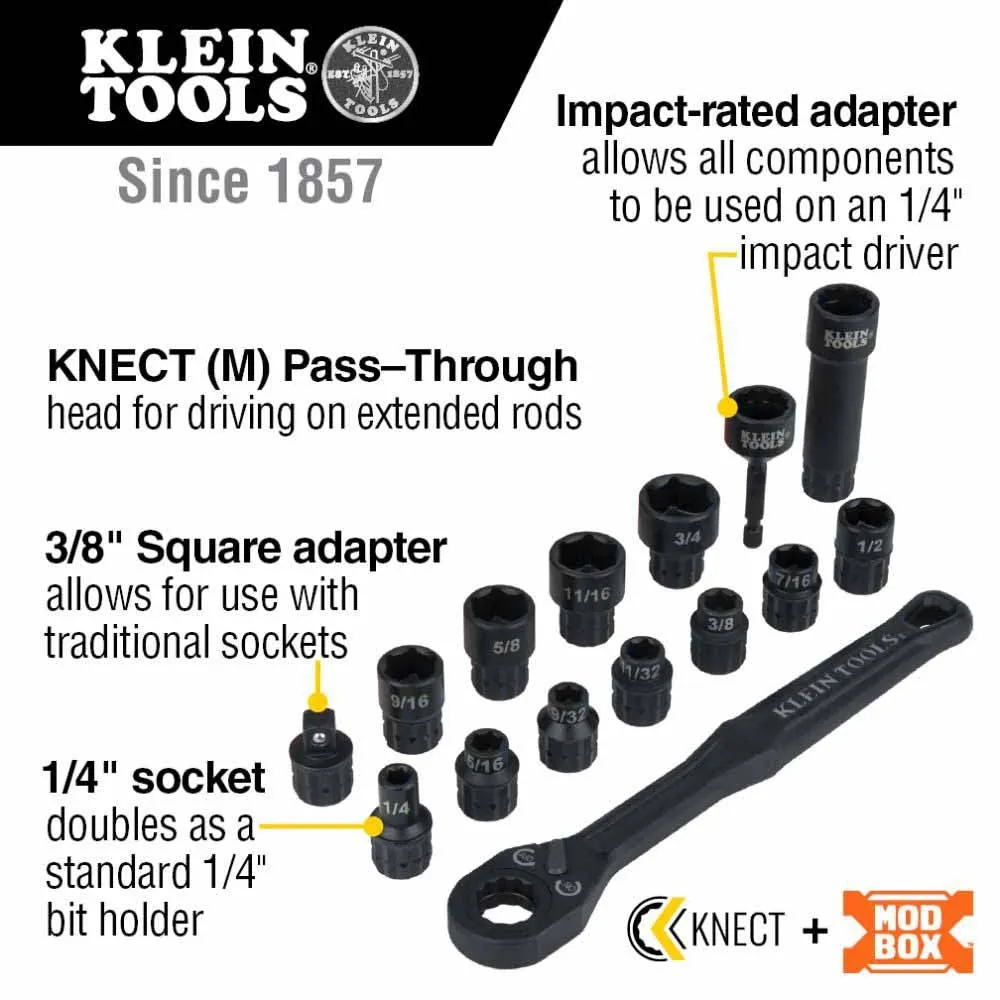 Klein Tools 65400 KNECT 8-1/2" Drive Impact-Rated Pass Through Socket Set, 15-Piece