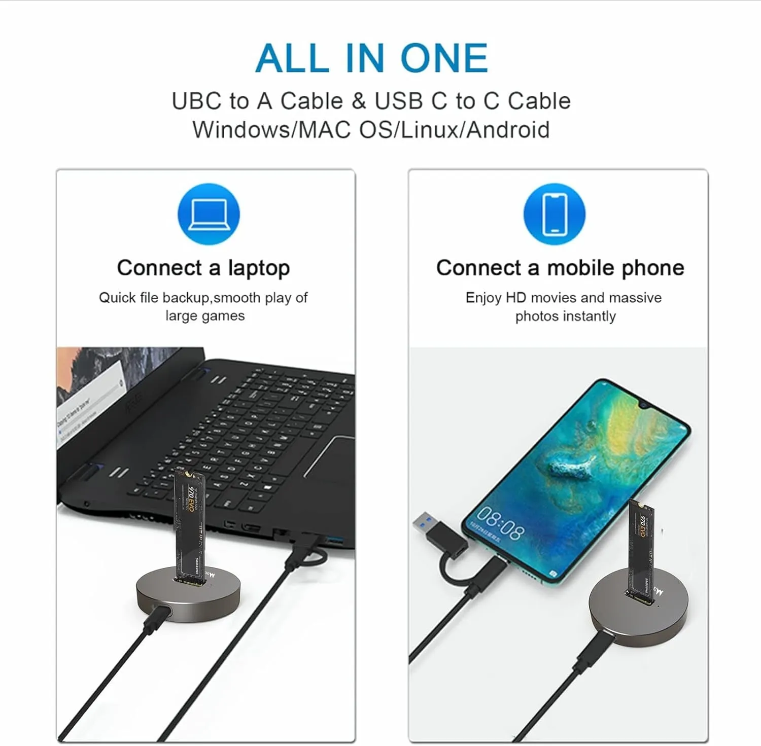M.2 NVMe & SATA to USB C Docking Station, M.2 SSD to USB A C Reader Adapter for 2280 2260 2242 2230 Enclosure, Fits Both M.2 (M Key, B M Key) NVME and SATA NGFF SSDs Aluminum Alloy