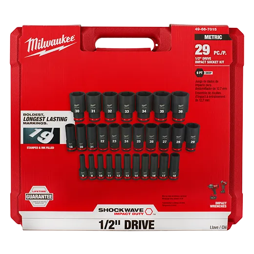 Milwaukee 49-66-7015 Impact Duty™ 1/2" Drive Metric Deep 6 Point, 8MM-36MM, 29pc