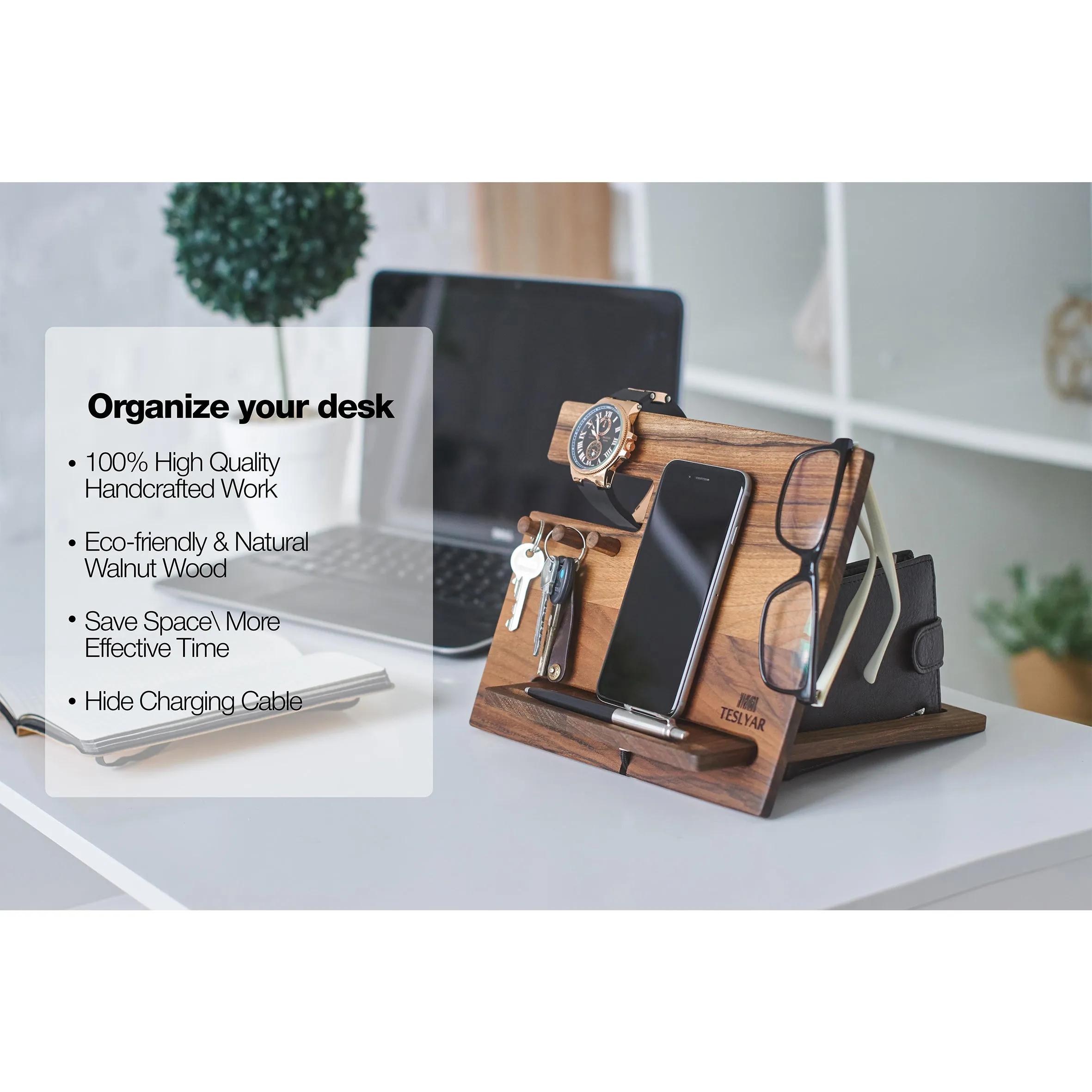 Multifunctional Wood Docking Station & Desk Organizer with 3 Pegs