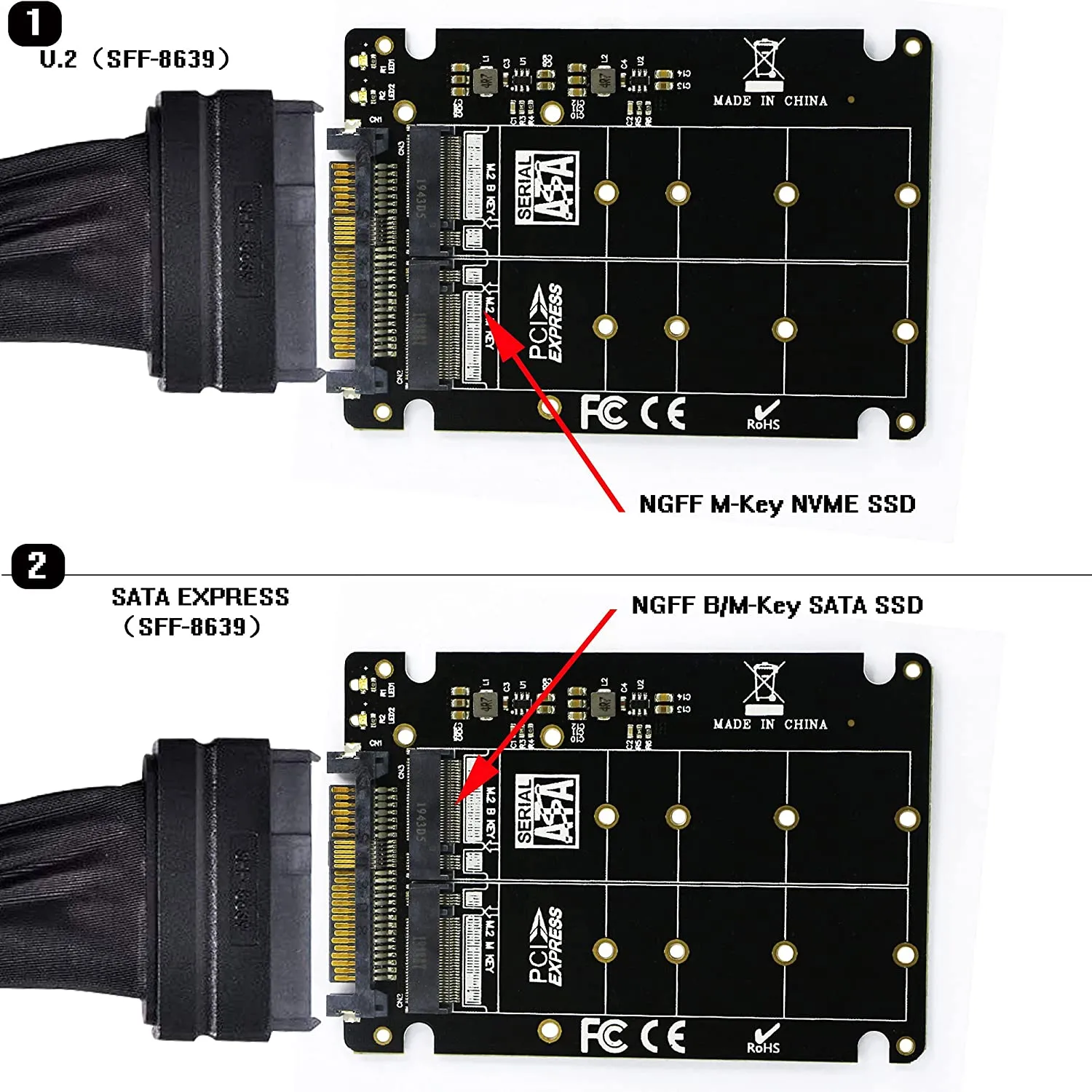 Pi ® (PiPlus®) M.2 NGFF SSD(Key M) Key B SSD to U.2 SFF-8639 Adapter