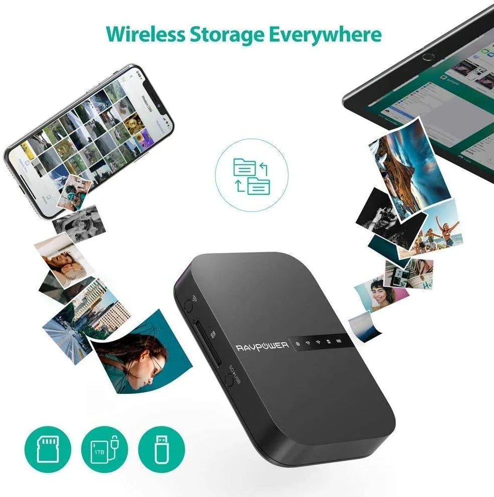 RAVPower FileHub New Version AC750 Wireless Travel Router RP-WD009 - Portable SD Card HDD Backup and Data Transmission Unit, 6700mAh External Battery Pack - Dual Band