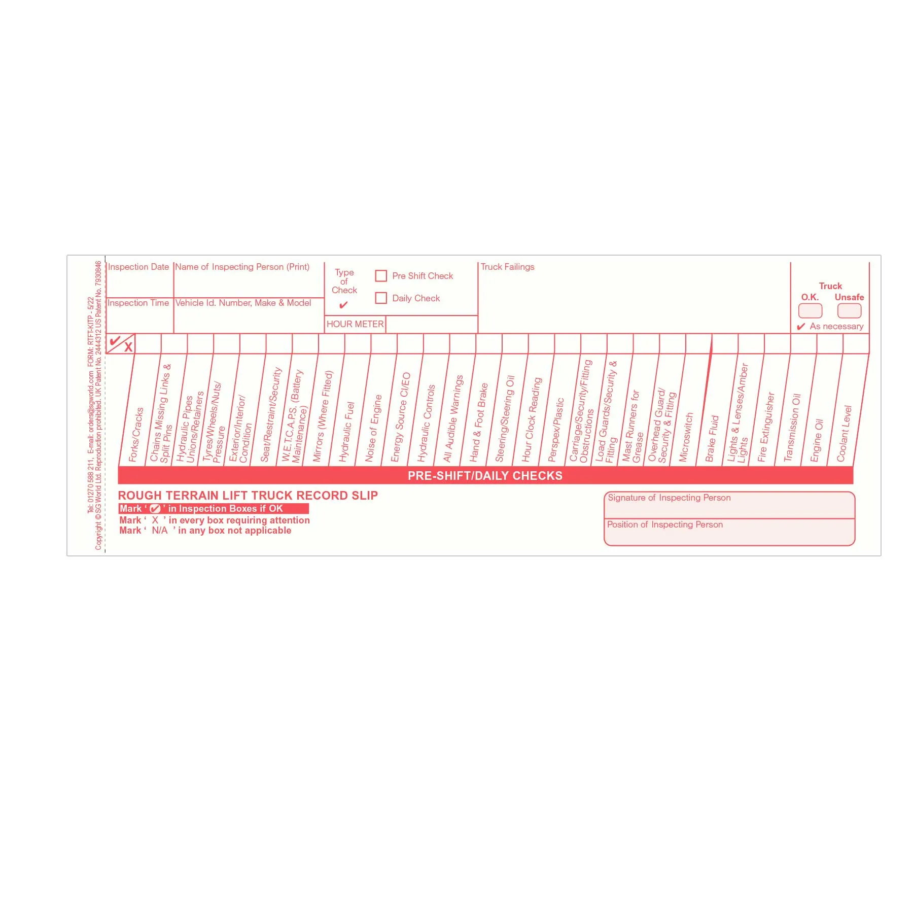 Rough Terrain Fork Lift Truck Pre-Use Visual Inspection Checklist (Pad of 30)