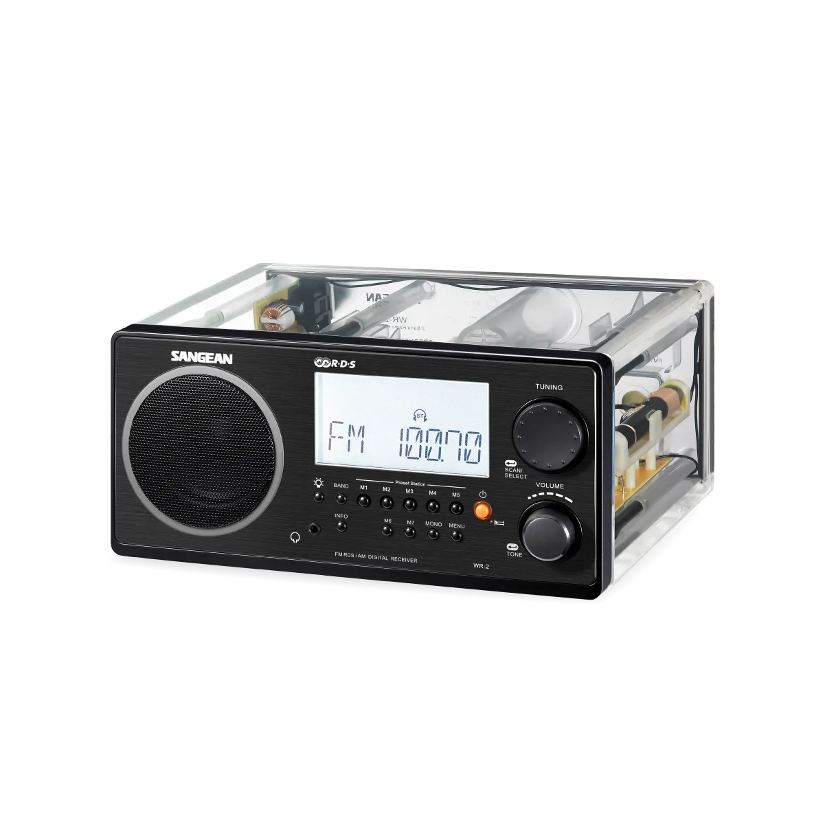 Sangean WR-2CL Digital AM-FM Wooden Cabinet Table-Top Radio - Clear