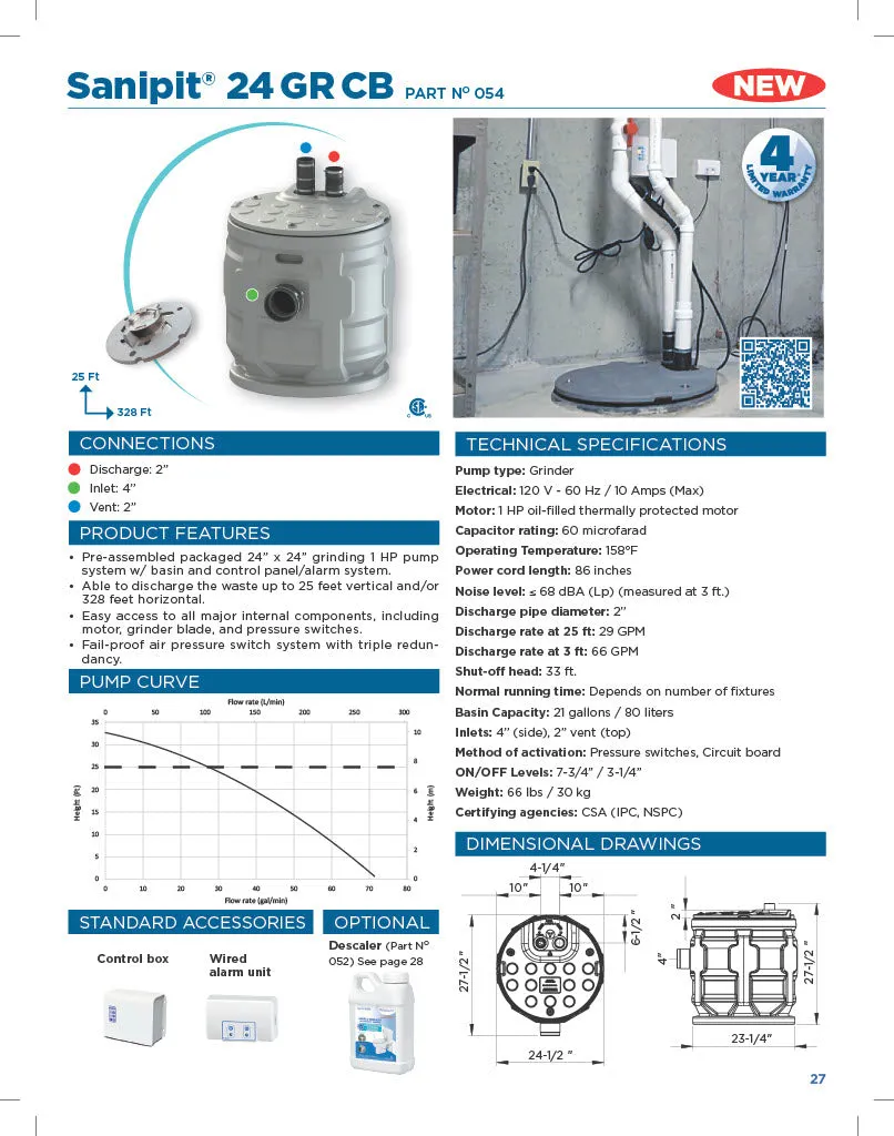 Saniflo 054 Sanipit 24 GR CB 24" 1HP Sewage Grinder System