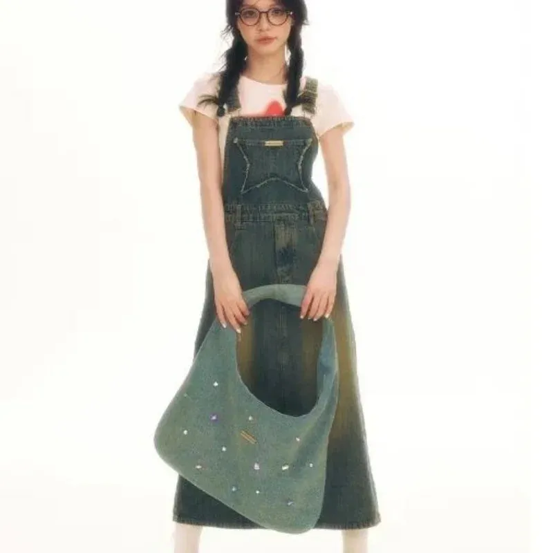 UAKISS  - High-capacity Office Lady Women Tote Bags Y2k Aesthetic Diamond Denim Shoulder  Fashion Casual All Match Underarm Bag Female