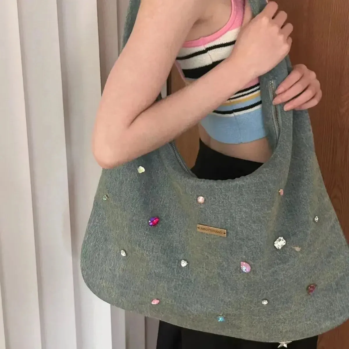 UAKISS  - High-capacity Office Lady Women Tote Bags Y2k Aesthetic Diamond Denim Shoulder  Fashion Casual All Match Underarm Bag Female