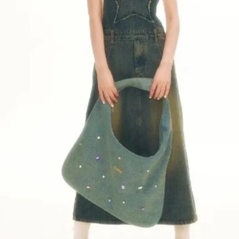 UAKISS  - High-capacity Office Lady Women Tote Bags Y2k Aesthetic Diamond Denim Shoulder  Fashion Casual All Match Underarm Bag Female