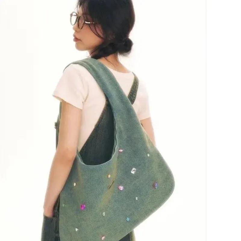 UAKISS  - High-capacity Office Lady Women Tote Bags Y2k Aesthetic Diamond Denim Shoulder  Fashion Casual All Match Underarm Bag Female