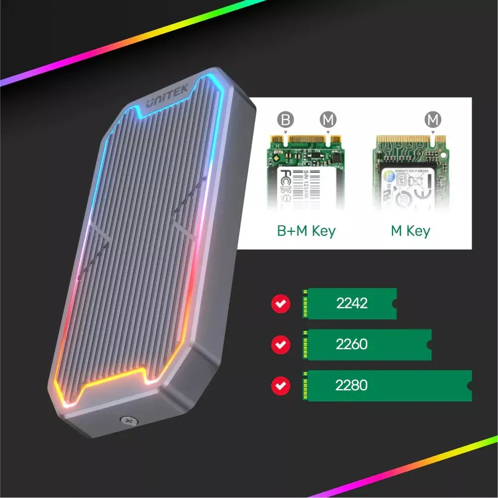 Unitek S1210B USB3.2 Gen2 Type-C to M.2 NVMe/SATA SSD Aluminum RGB Enclosure