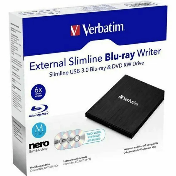 Verbatim External Slimline Blu-Ray DVD Drive Writer Windows Mac
