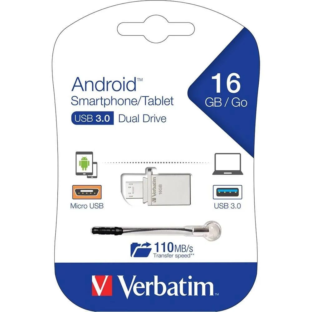 Verbatim Store-N-Go Android Smartphone Tablet Dual Usb Drive 16Gb Silver Metal